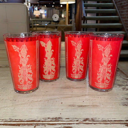 Red & Matte Gold SE Asian Figures Glass SET OF 4