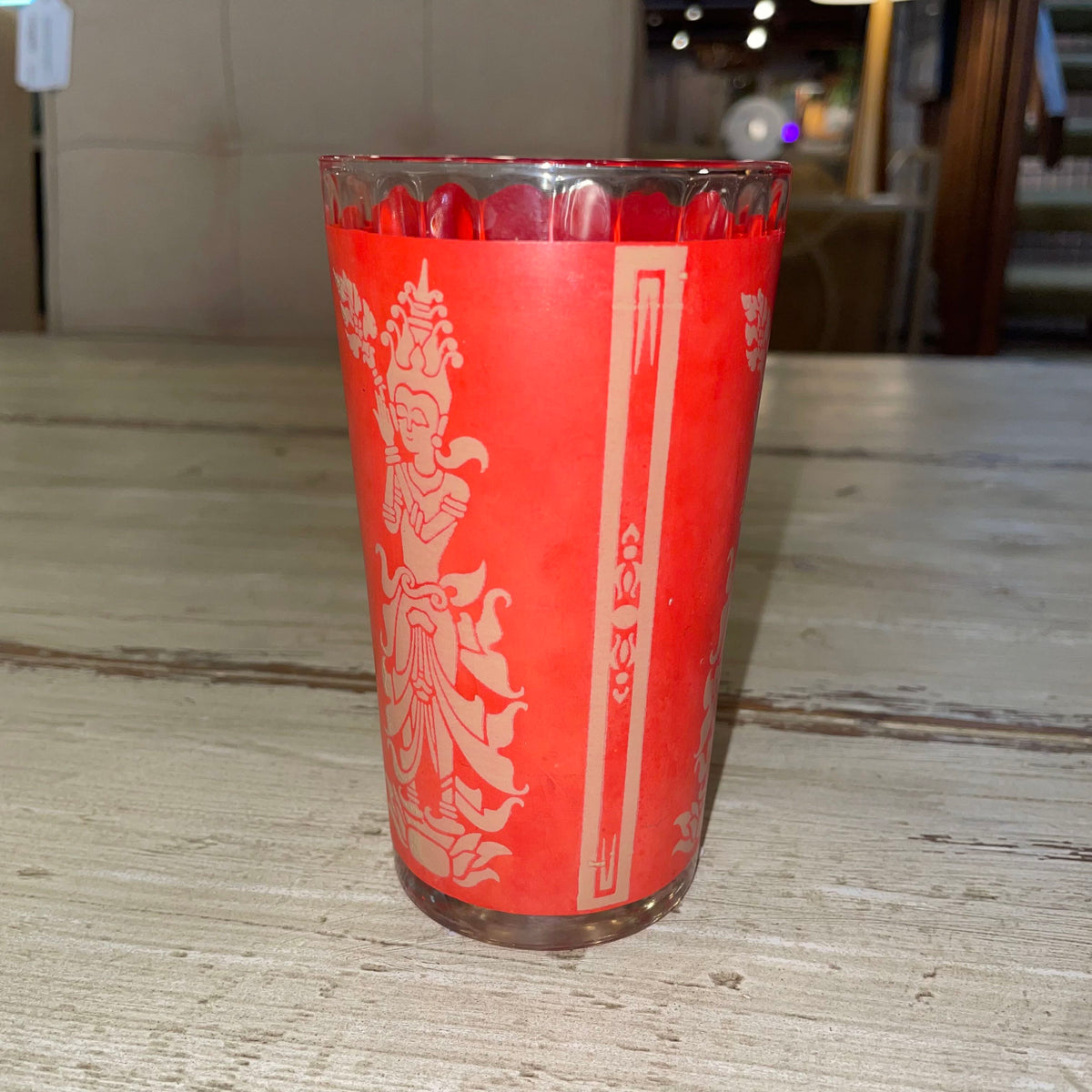 Red & Matte Gold SE Asian Figures Glass SET OF 4