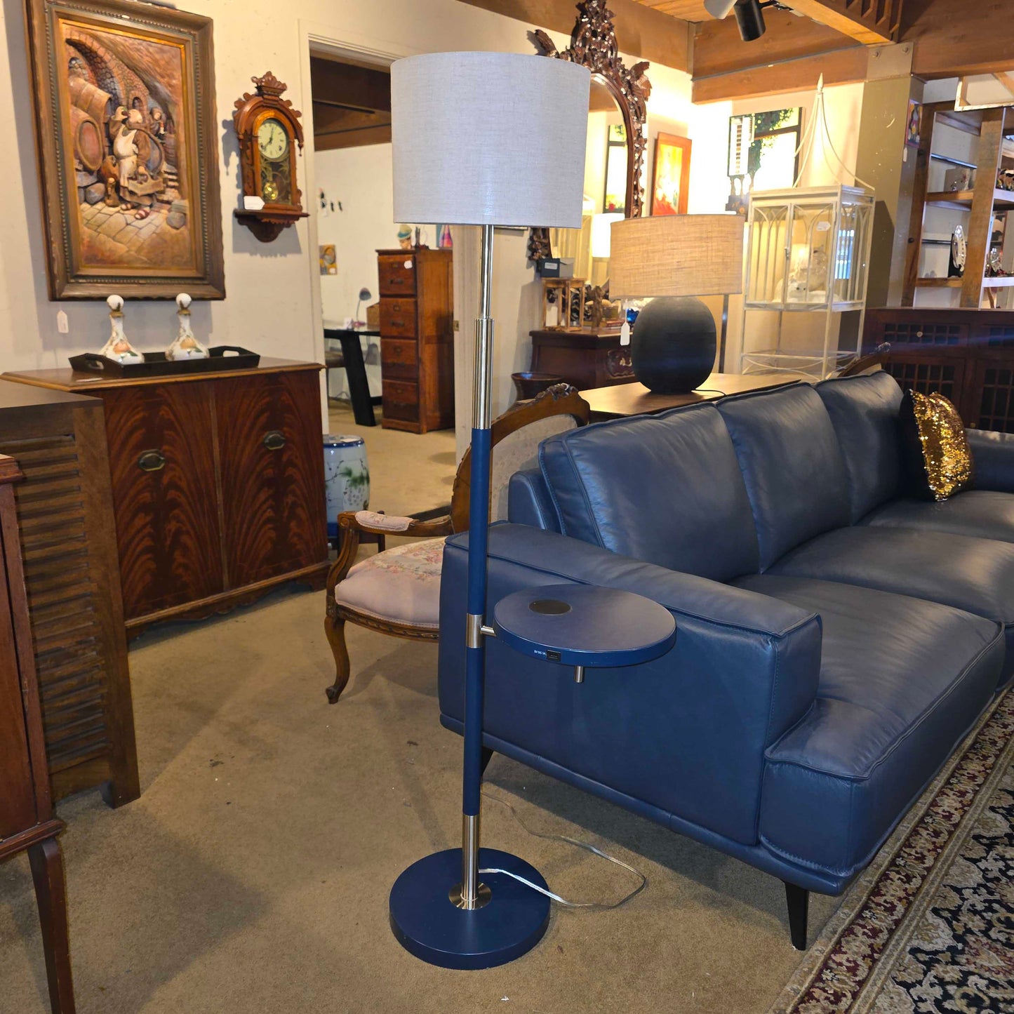 Navy Blue Floor Lamp with Attached Round Side Table