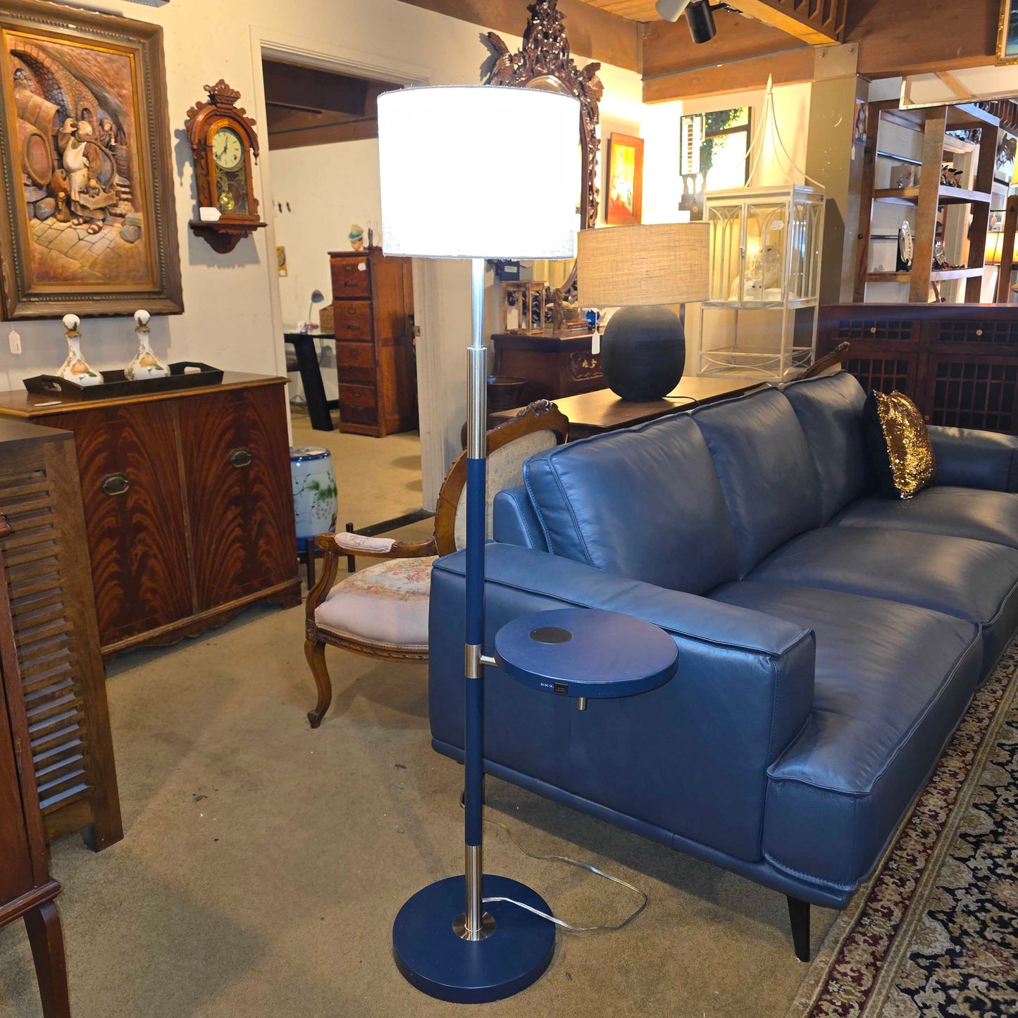 Navy Blue Floor Lamp with Attached Round Side Table