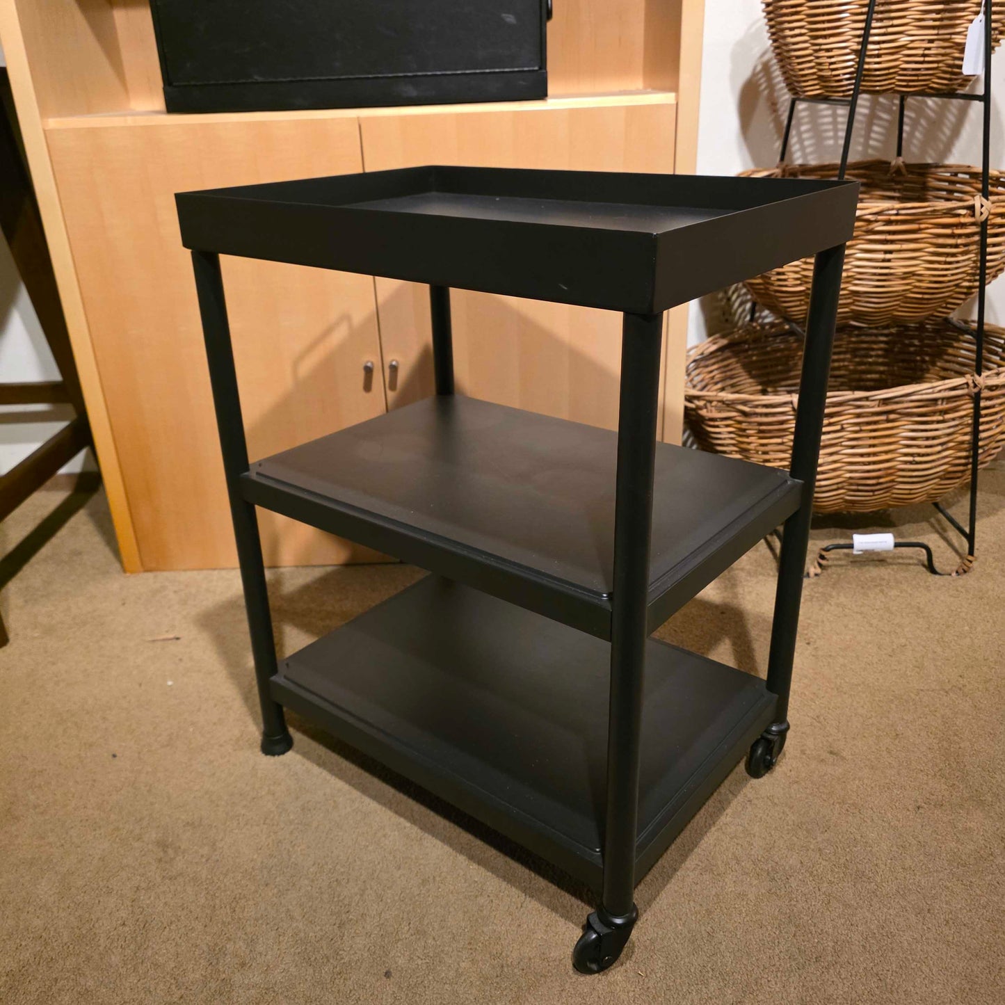 Black 3 Tier Cart/Table with Casters on One End