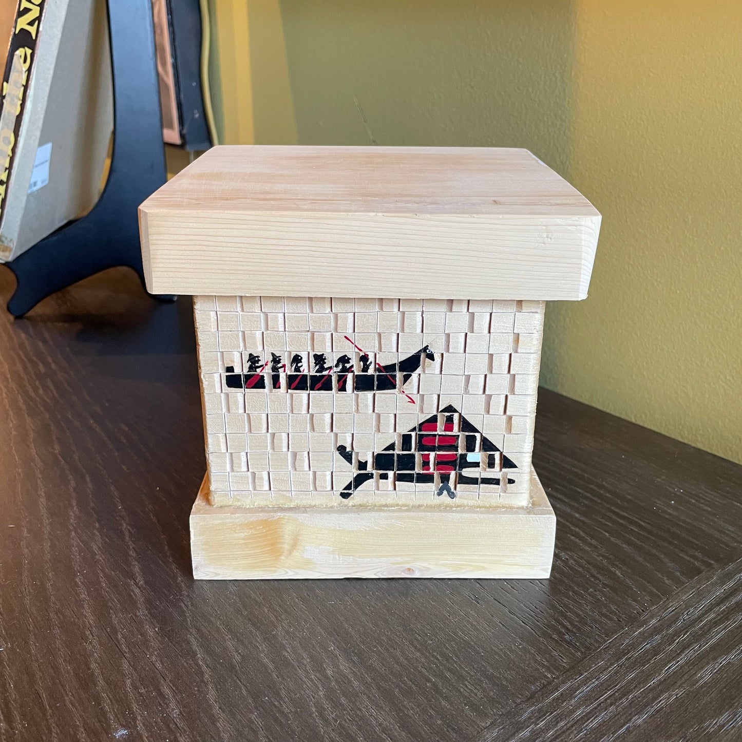 Blond Wood PNW Native Motif Box with Canoe and Whale