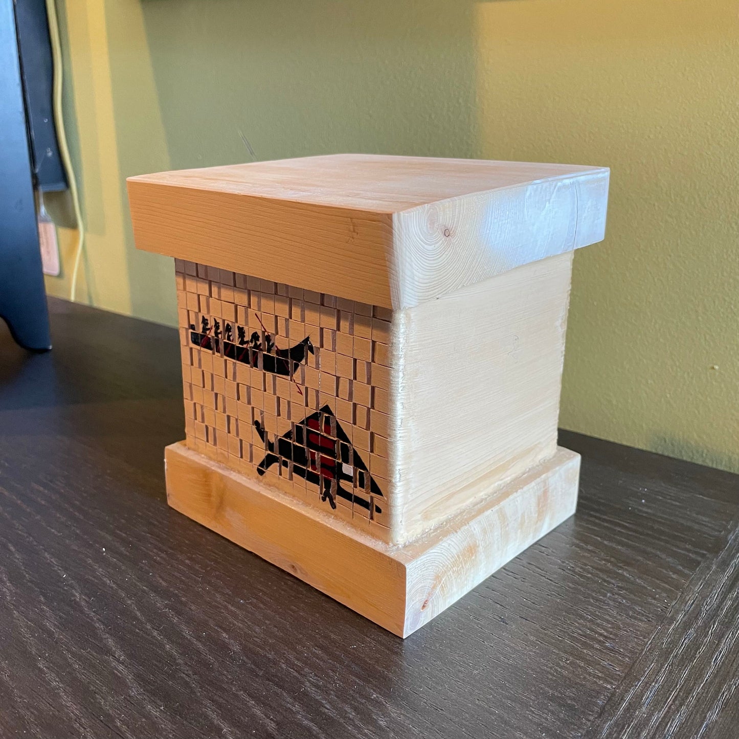 Blond Wood PNW Native Motif Box with Canoe and Whale