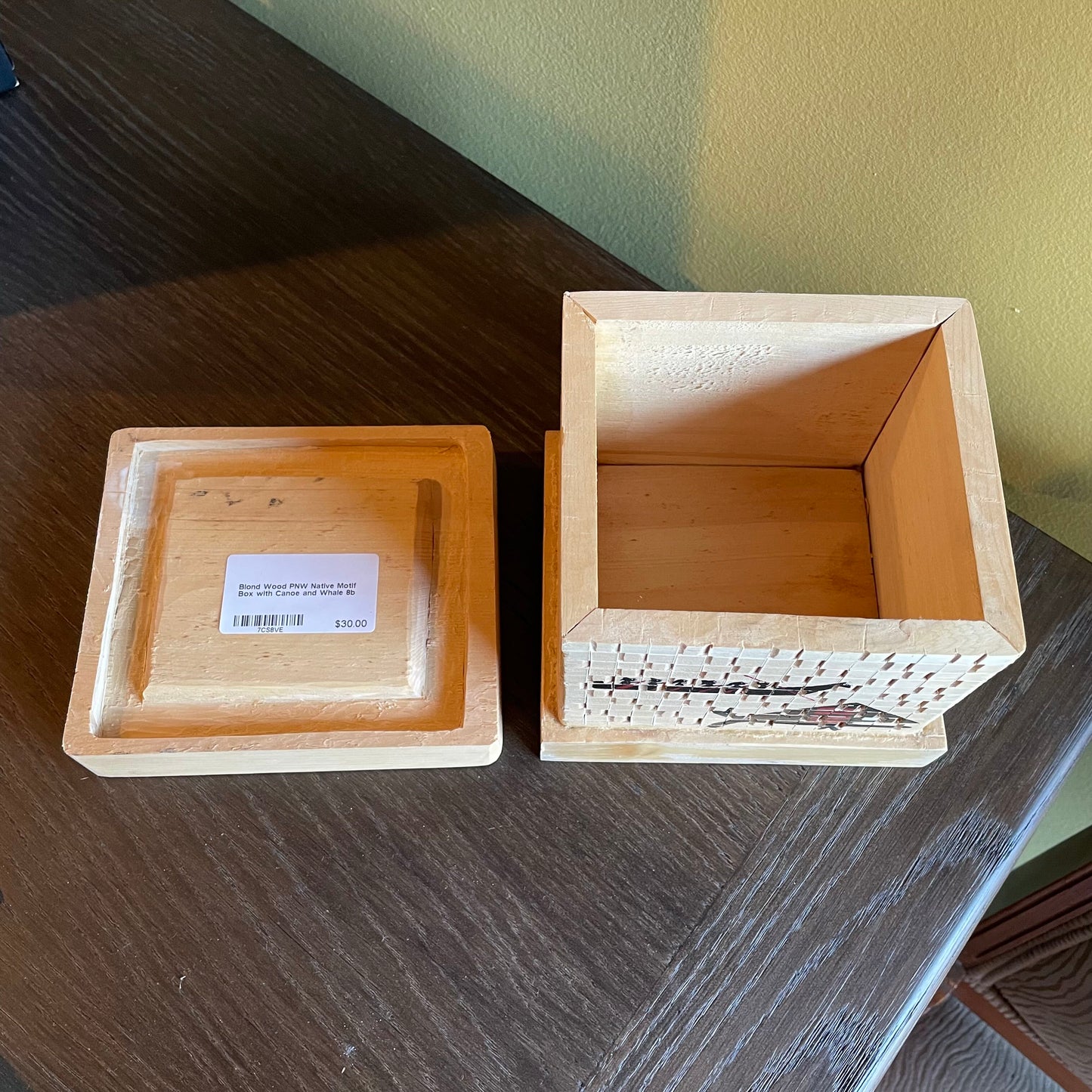 Blond Wood PNW Native Motif Box with Canoe and Whale