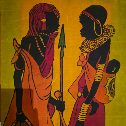 Colorful African Batik Cloth Painting of Maasai Family
