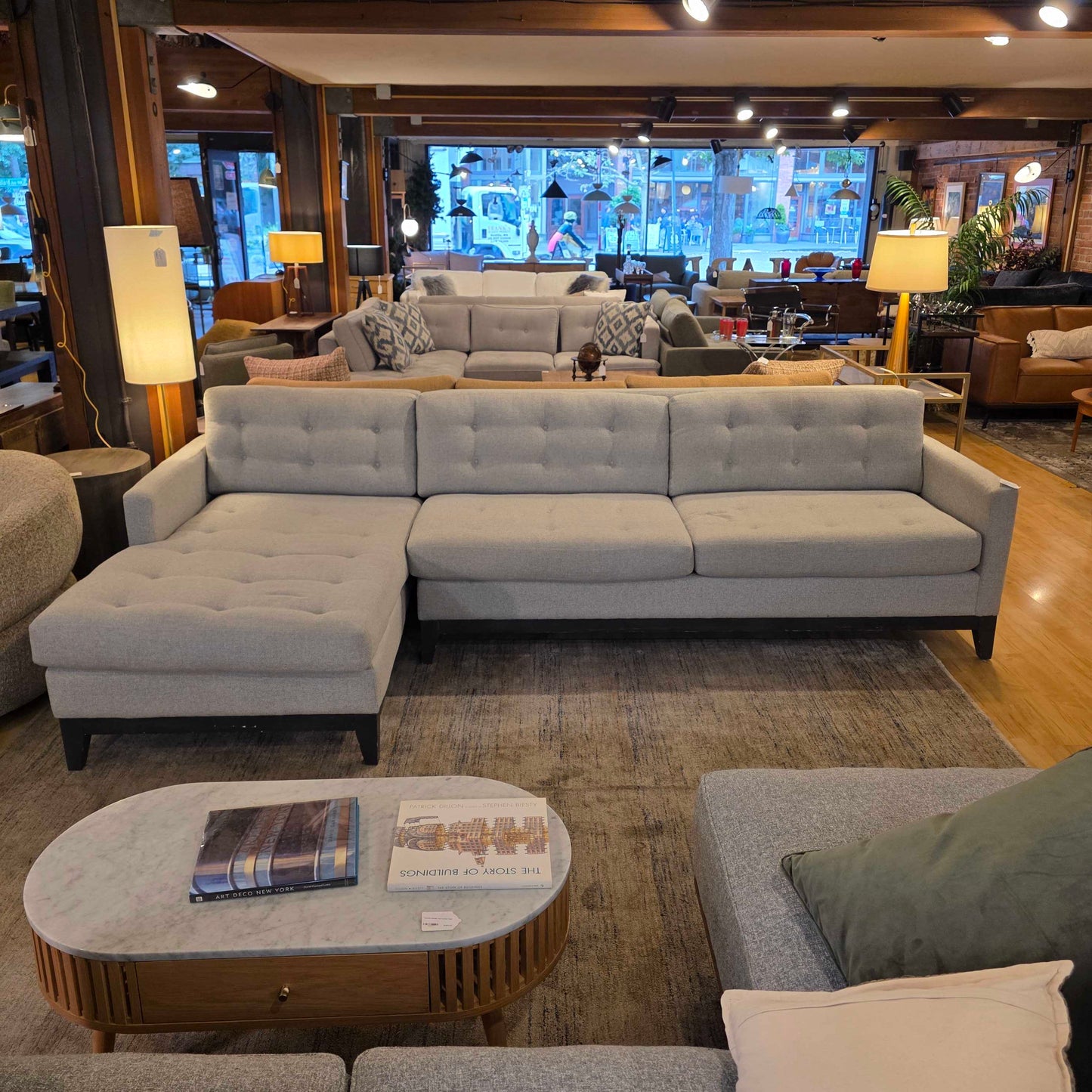 Light Blue Tufted Button LAF Sectional w Black Frame