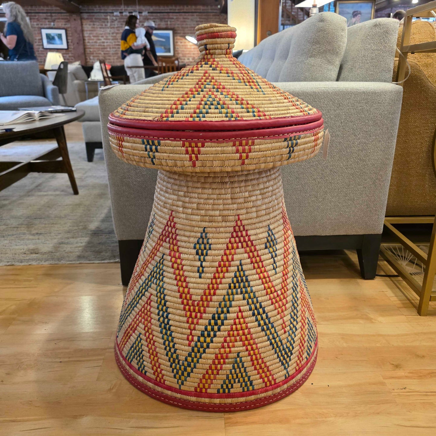Large Red and Green Triangles Design Floor Basket with Lid AS IS UNIQUE FINDS