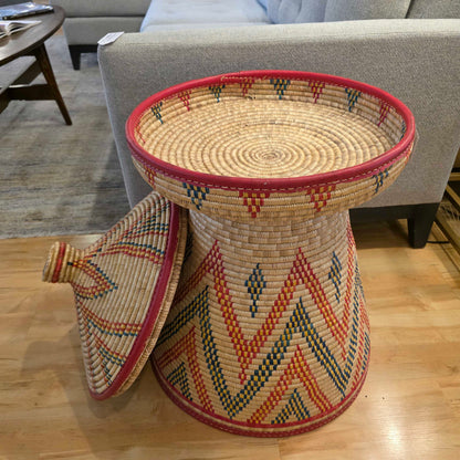 Large Red and Green Triangles Design Floor Basket with Lid AS IS UNIQUE FINDS
