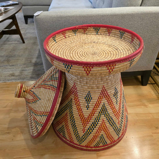 Large Red and Green Triangles Design Floor Basket with Lid AS IS