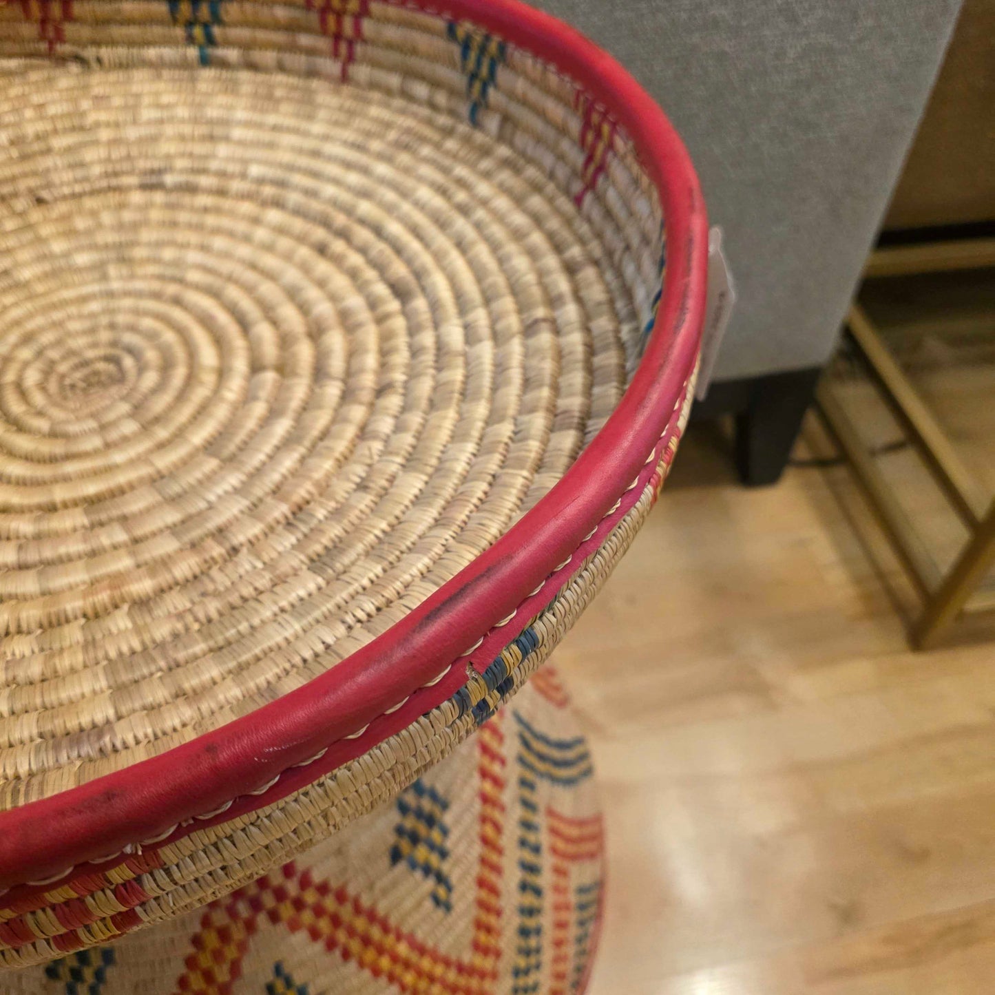 Large Red and Green Triangles Design Floor Basket with Lid AS IS UNIQUE FINDS