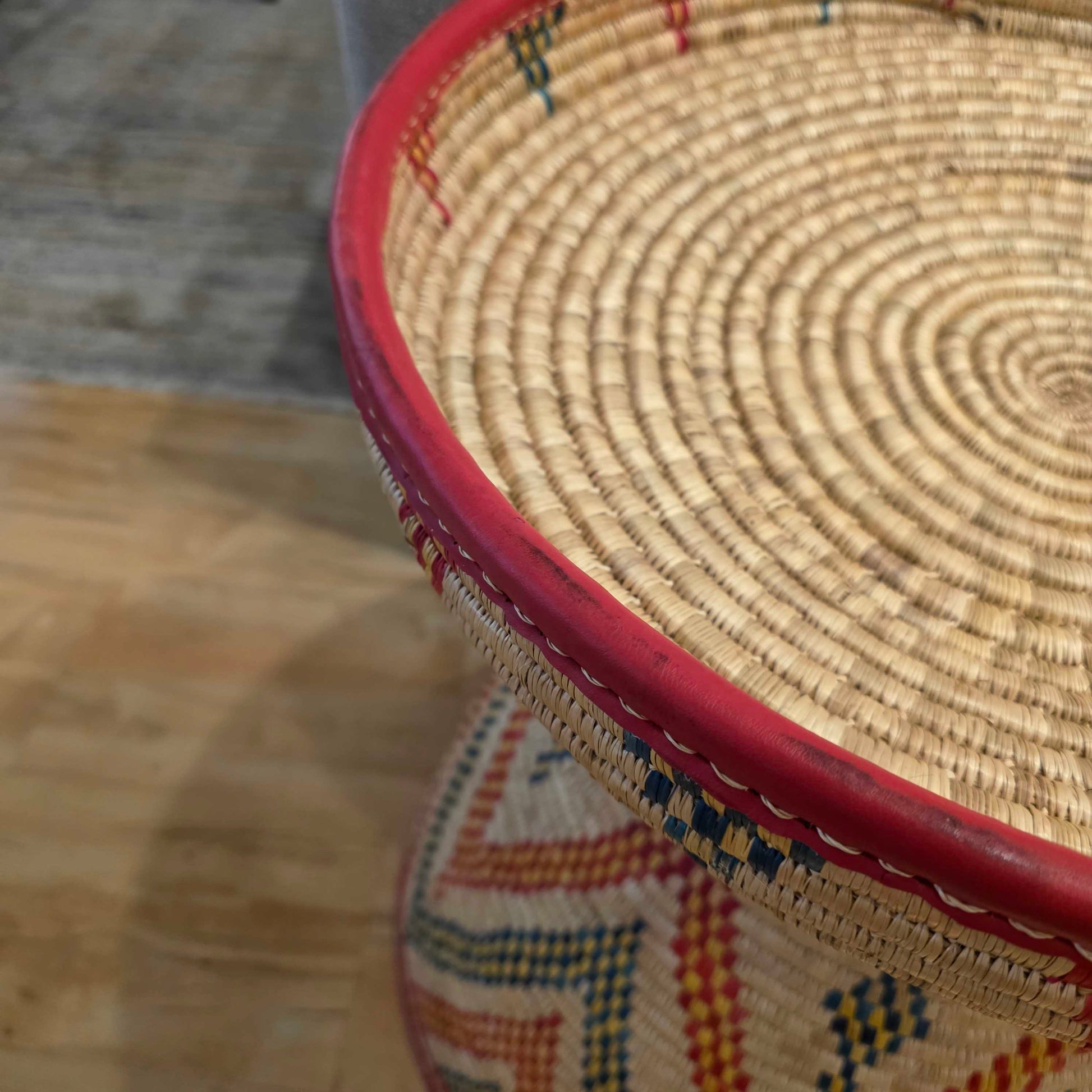 Large Red and Green Triangles Design Floor Basket with Lid AS IS UNIQUE FINDS