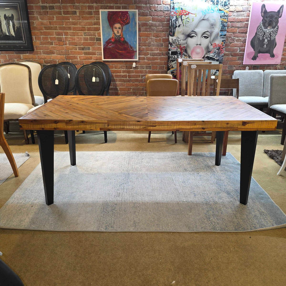 Rustic Parquet Wood Dining Table w/ Black Legs