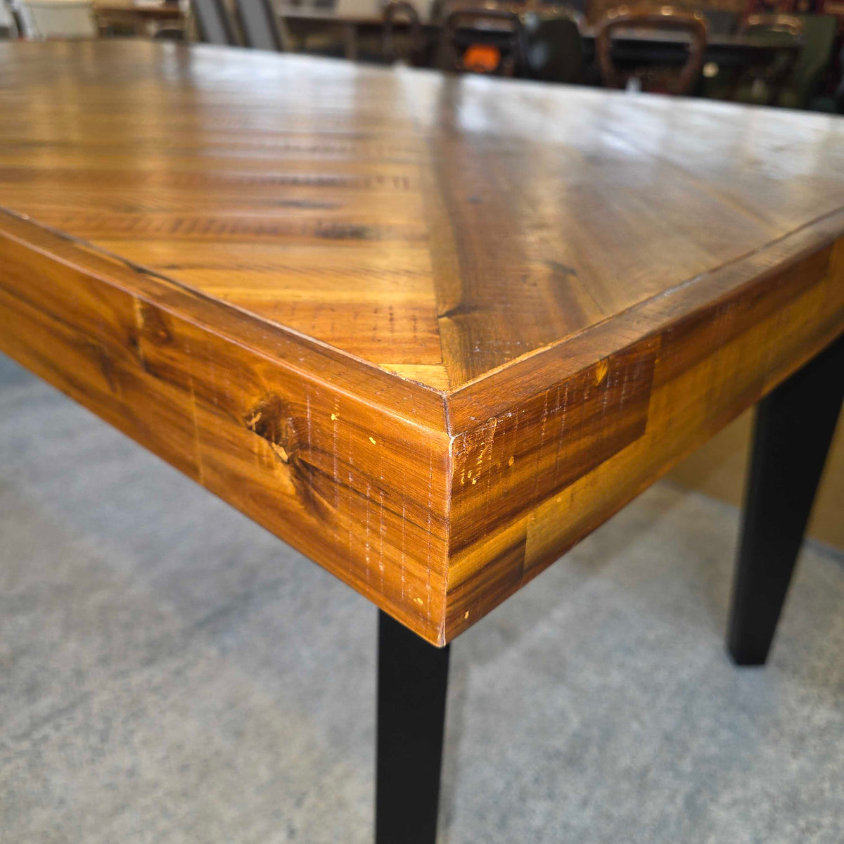 Rustic Parquet Wood Dining Table w/ Black Legs