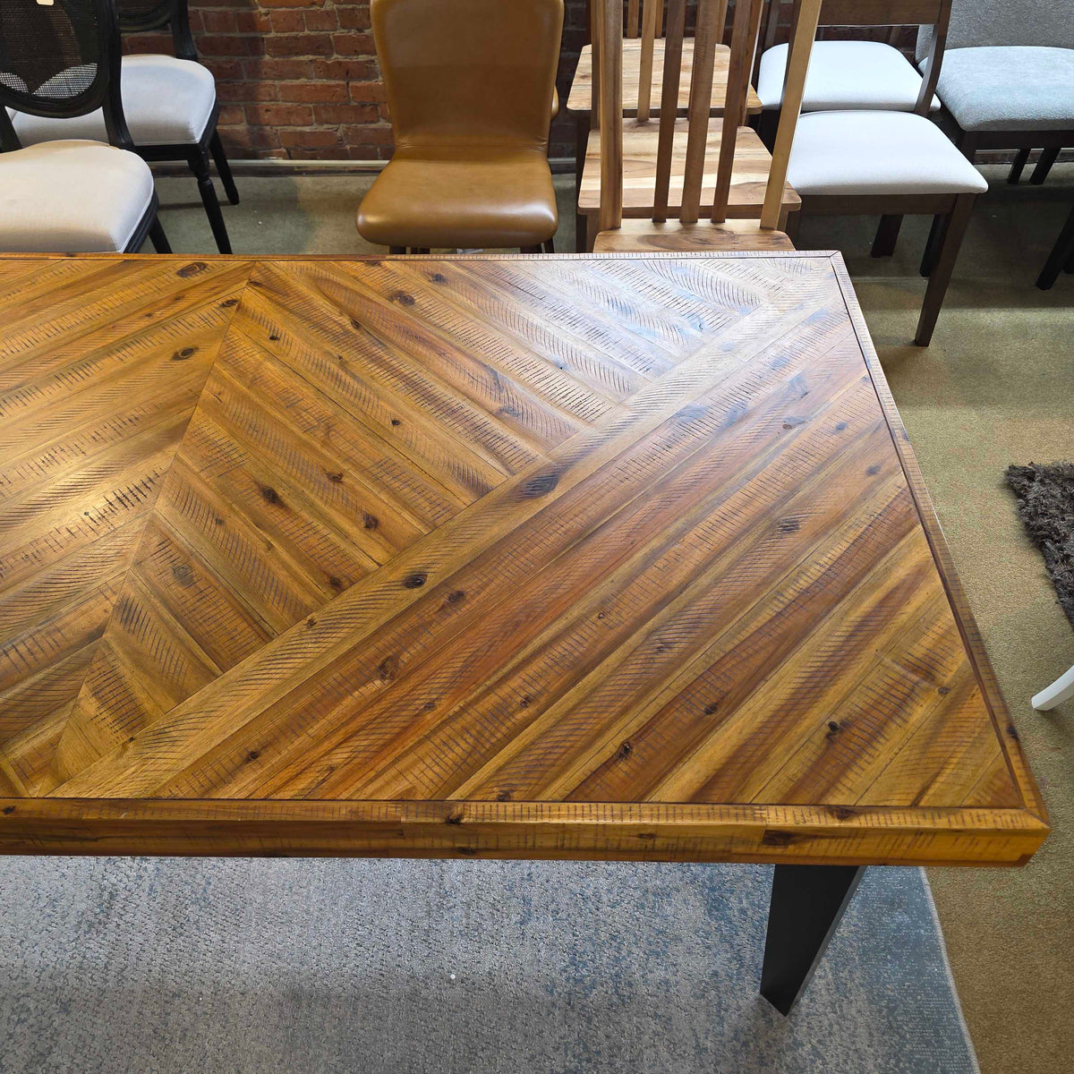Rustic Parquet Wood Dining Table w/ Black Legs