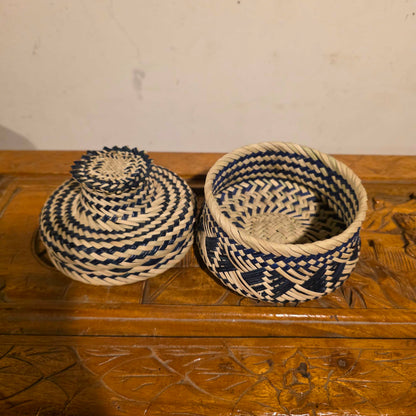 Dark Blue and White Design Small Basket with Knob Lid