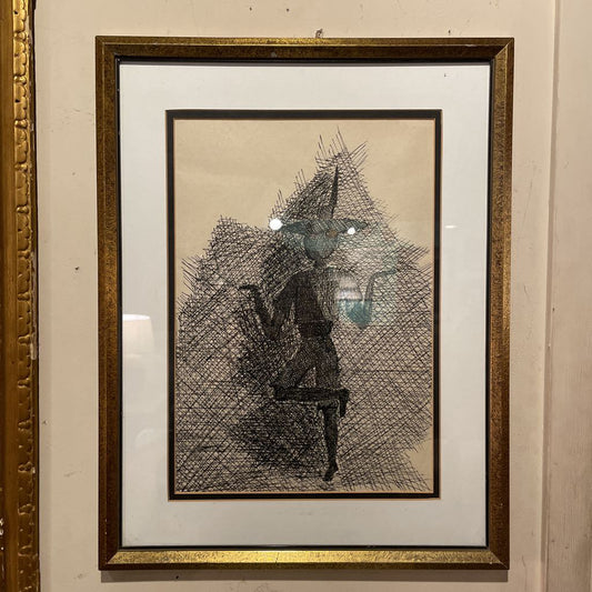 Crisscross Ink Drawing of Dancer in Conical Hat ART