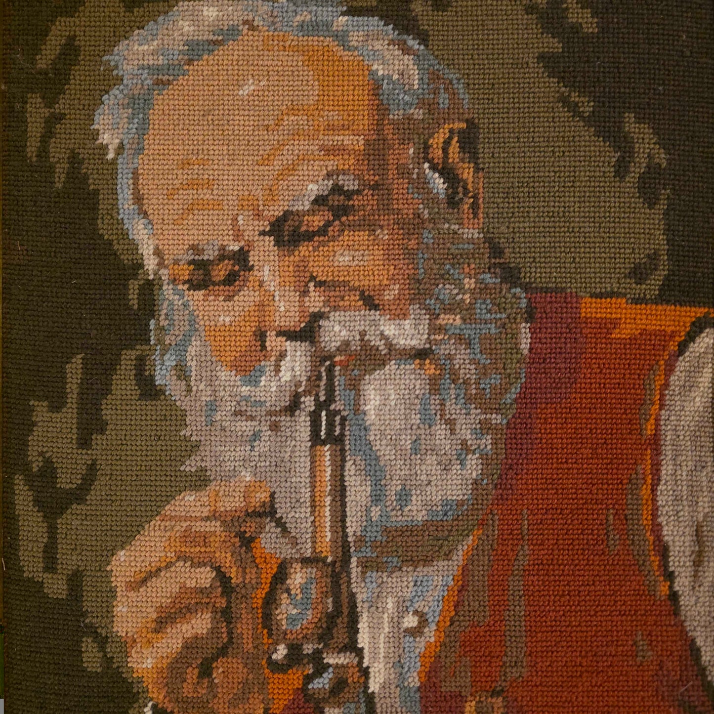 Needlepoint Old Gent with Pipe, Framed