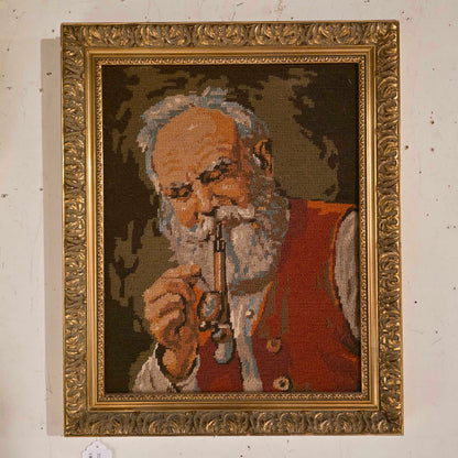Needlepoint Old Gent with Pipe, Framed