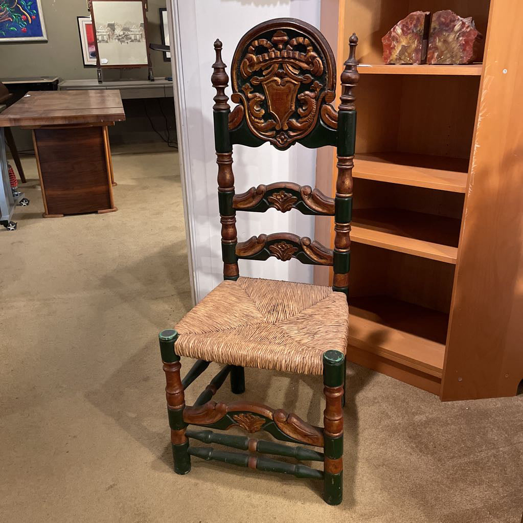 Woven Seat Chair with Fancy Wooden Back & Crest Design