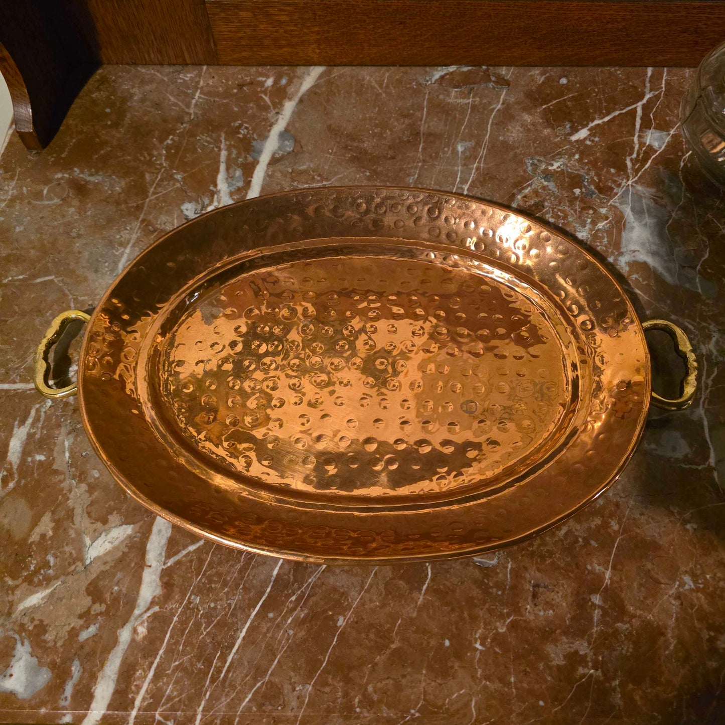 Sm. Hammered Copper Oval Tray w/ Brass Handles