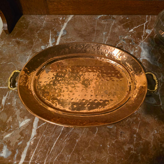 Sm. Hammered Copper Oval Tray w/ Brass Handles