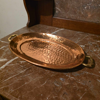 Sm. Hammered Copper Oval Tray w/ Brass Handles