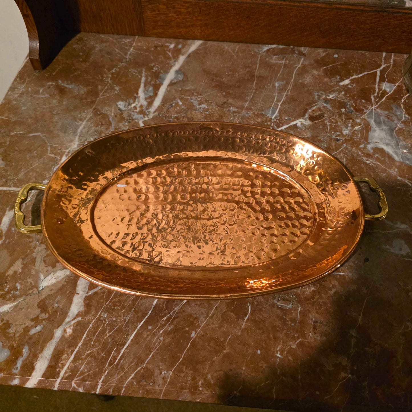 Med. Hammered Copper Oval Tray w/ Brass Handles