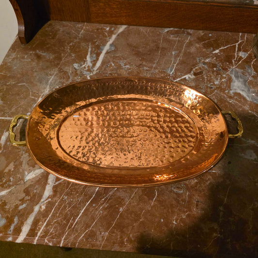 Med. Hammered Copper Oval Tray w/ Brass Handles