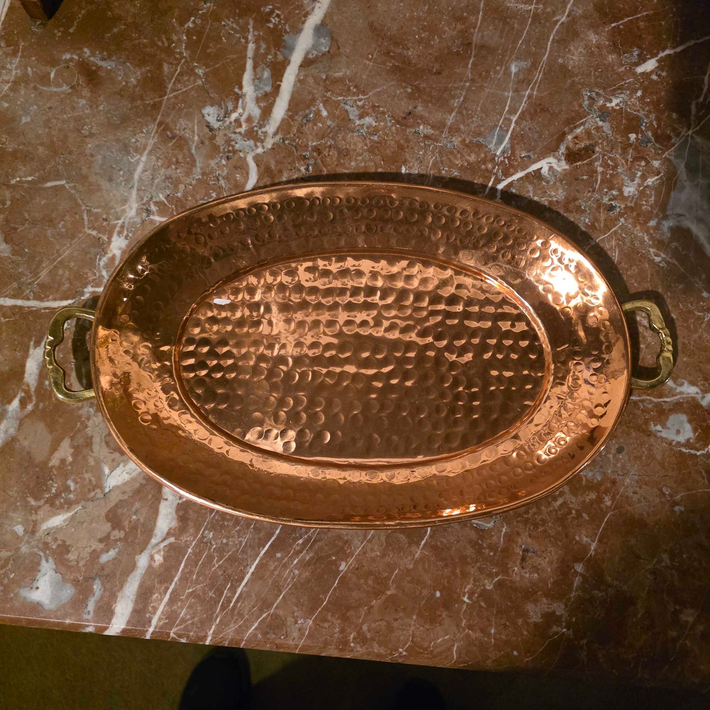 Med. Hammered Copper Oval Tray w/ Brass Handles