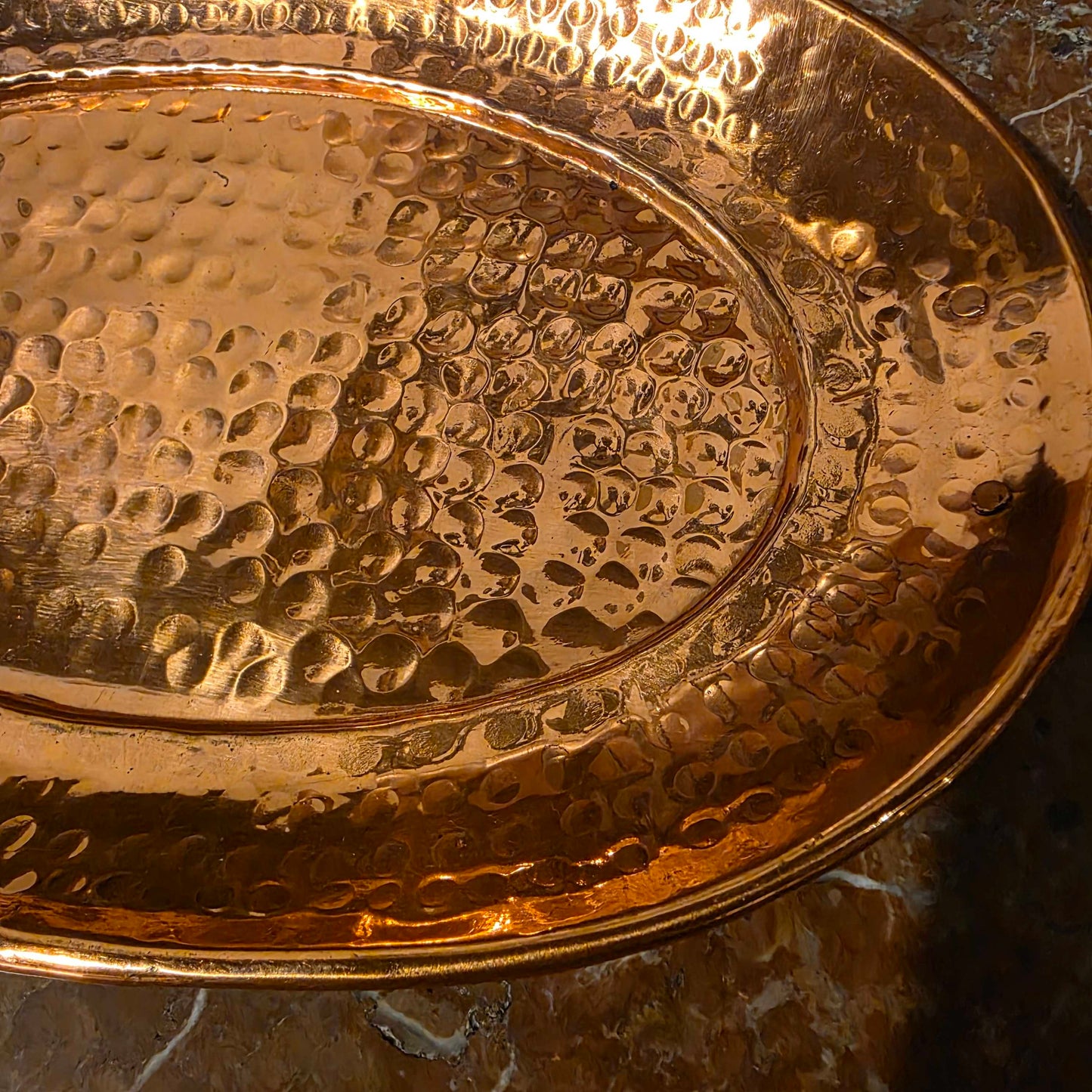 Med. Hammered Copper Oval Tray w/ Brass Handles