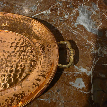 Med. Hammered Copper Oval Tray w/ Brass Handles