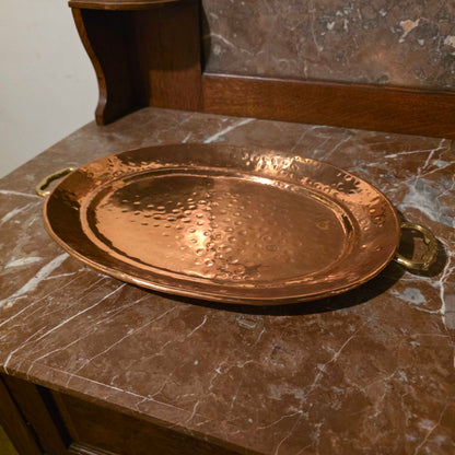 Med. Hammered Copper Oval Tray w/ Brass Handles