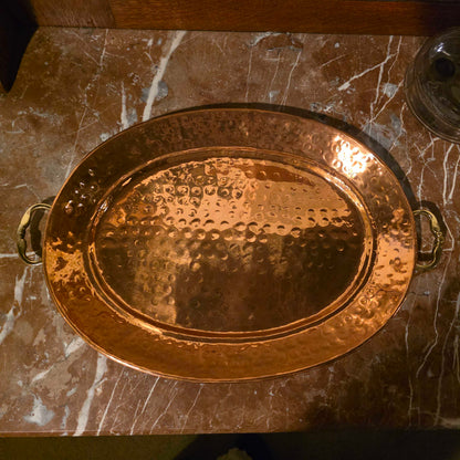 Lg. Hammered Copper Oval Tray w/ Brass Handles