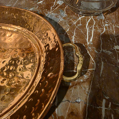 Lg. Hammered Copper Oval Tray w/ Brass Handles