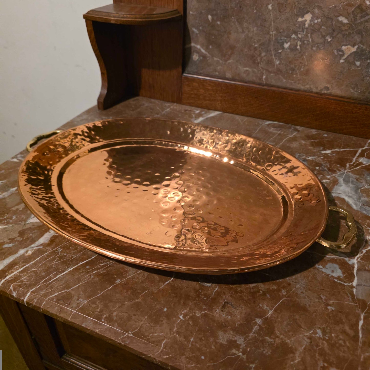 Lg. Hammered Copper Oval Tray w/ Brass Handles