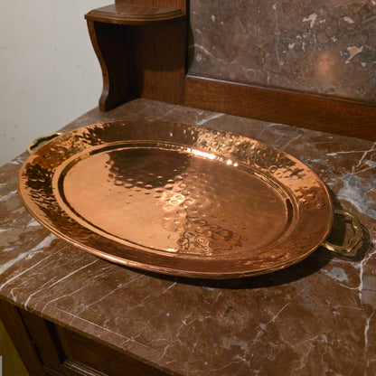 Lg. Hammered Copper Oval Tray w/ Brass Handles