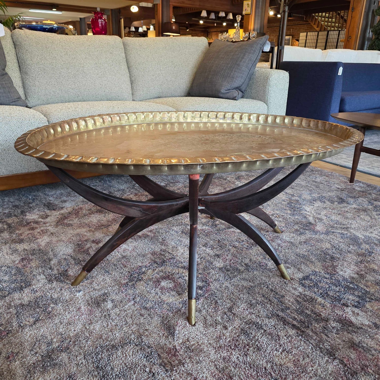 Foldable 6 Arm Base Engraved Lg. Oval Brass Top Coffee Table C COFFEE TABLES
