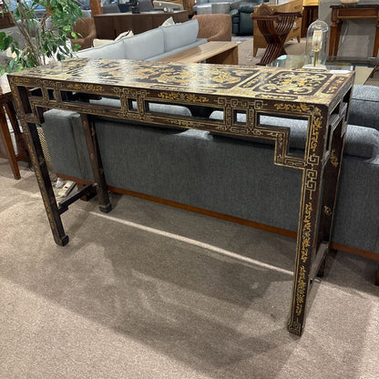 Chinese Vintage Black & Gold Carved Console Table