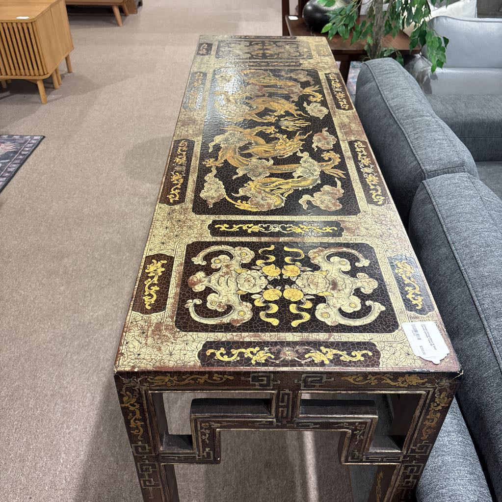 Chinese Vintage Black & Gold Carved Console Table