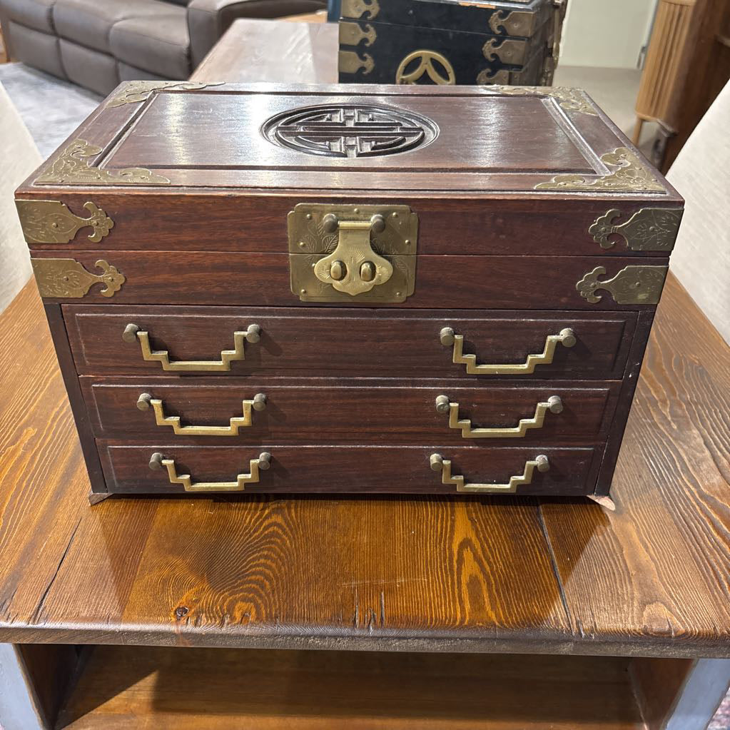 Chinese Rosewood and Brass Jewelry Box