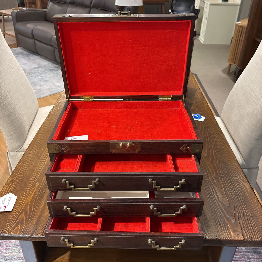 Chinese Rosewood and Brass Jewelry Box