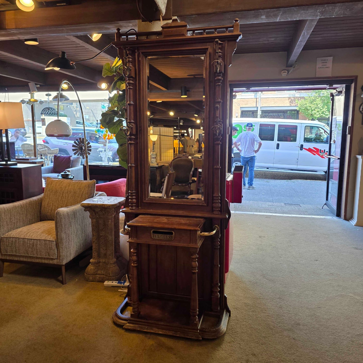 Vintage Wooden Mirrored Hall Tree with Mirror UNIQUE FINDS