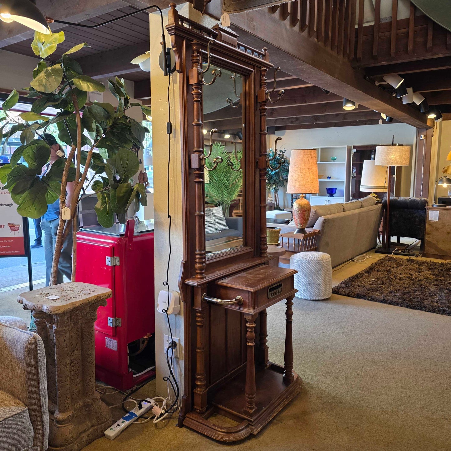 Vintage Wooden Mirrored Hall Tree with Mirror UNIQUE FINDS