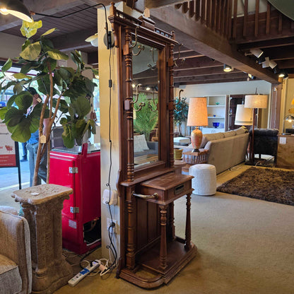 Vintage Wooden Mirrored Hall Tree with Mirror UNIQUE FINDS