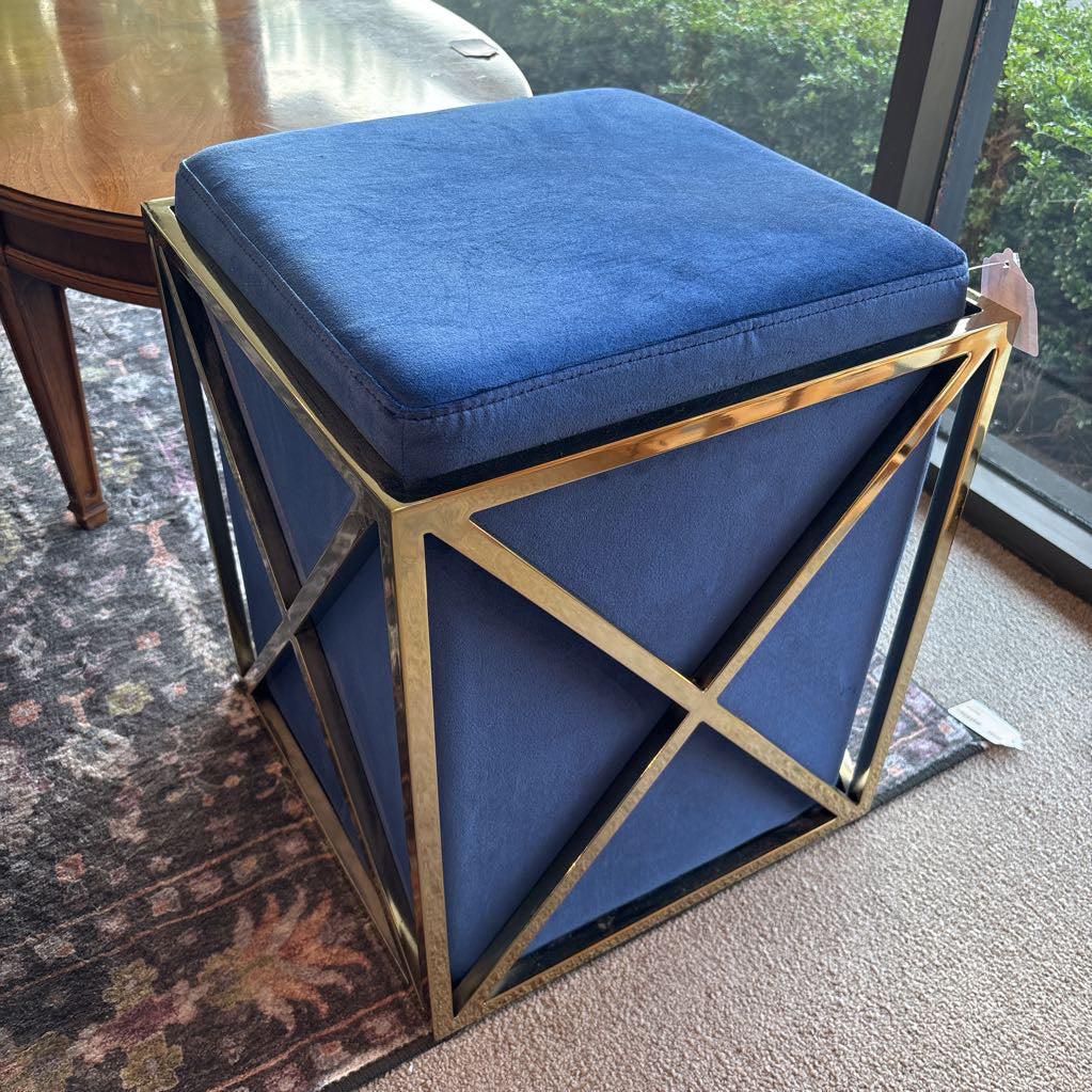 Blue Velvet & Brass Accent Ottoman