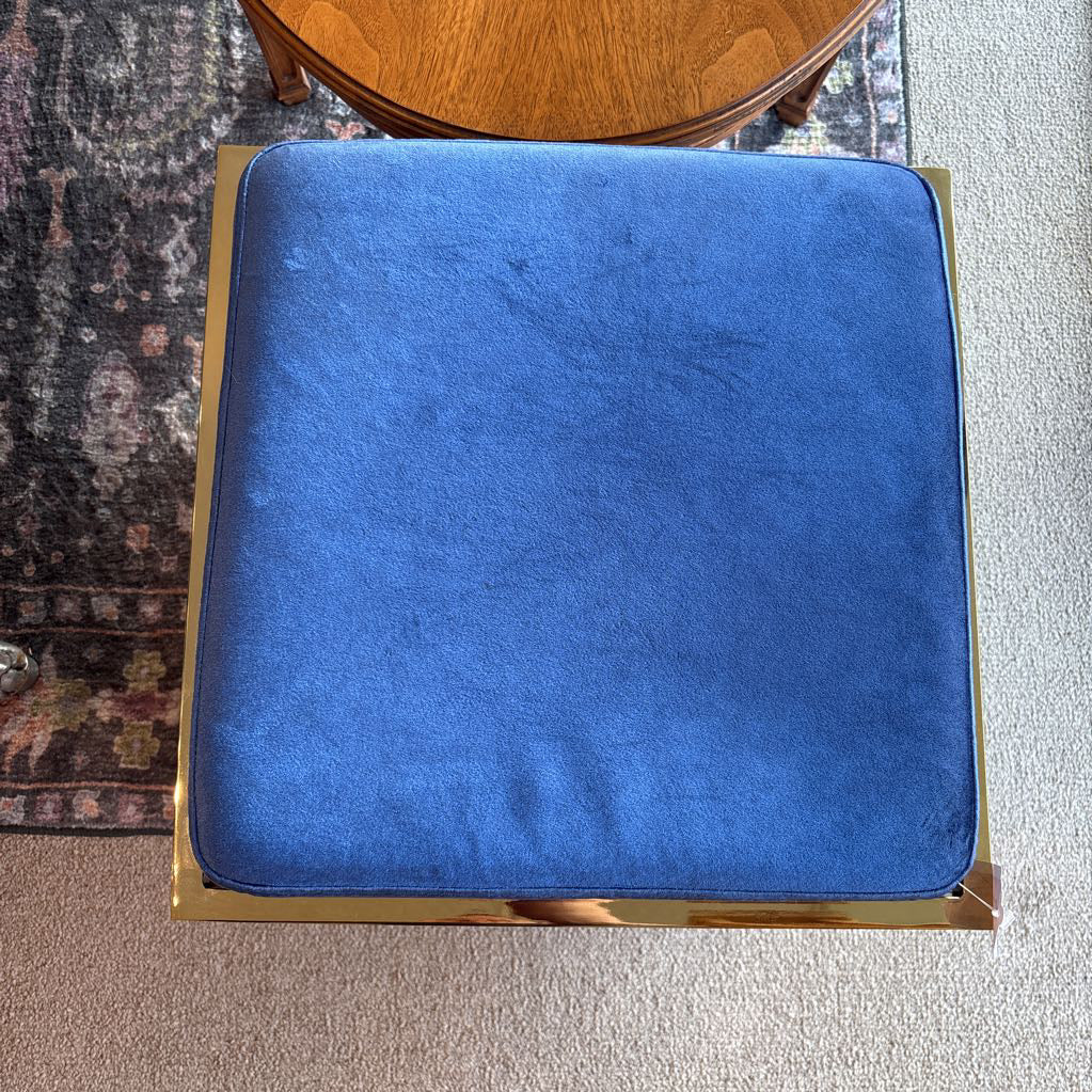 Blue Velvet & Brass Accent Ottoman