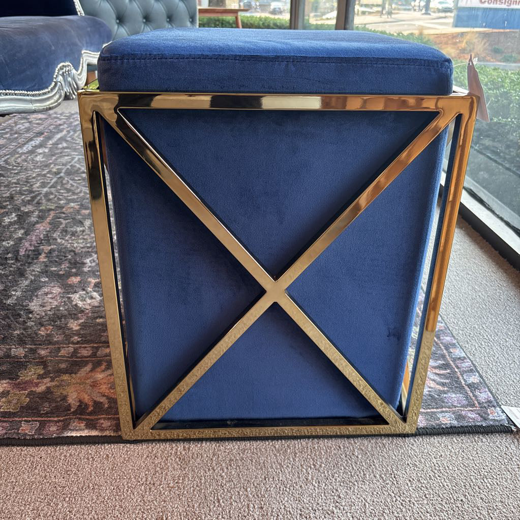 Blue Velvet & Brass Accent Ottoman