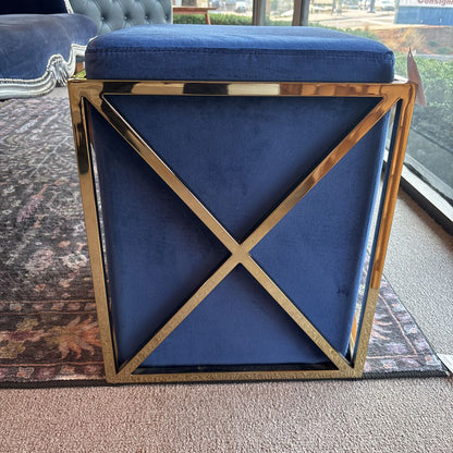 Blue Velvet & Brass Accent Ottoman