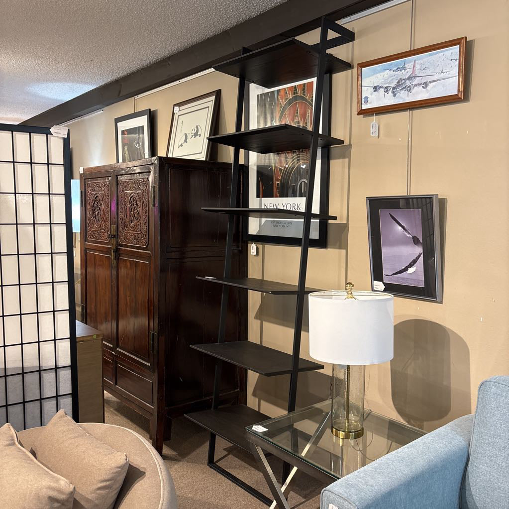 Industrial Dark Wood Leaning Bookcase