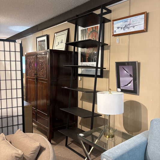 Industrial Dark Wood Leaning Bookcase